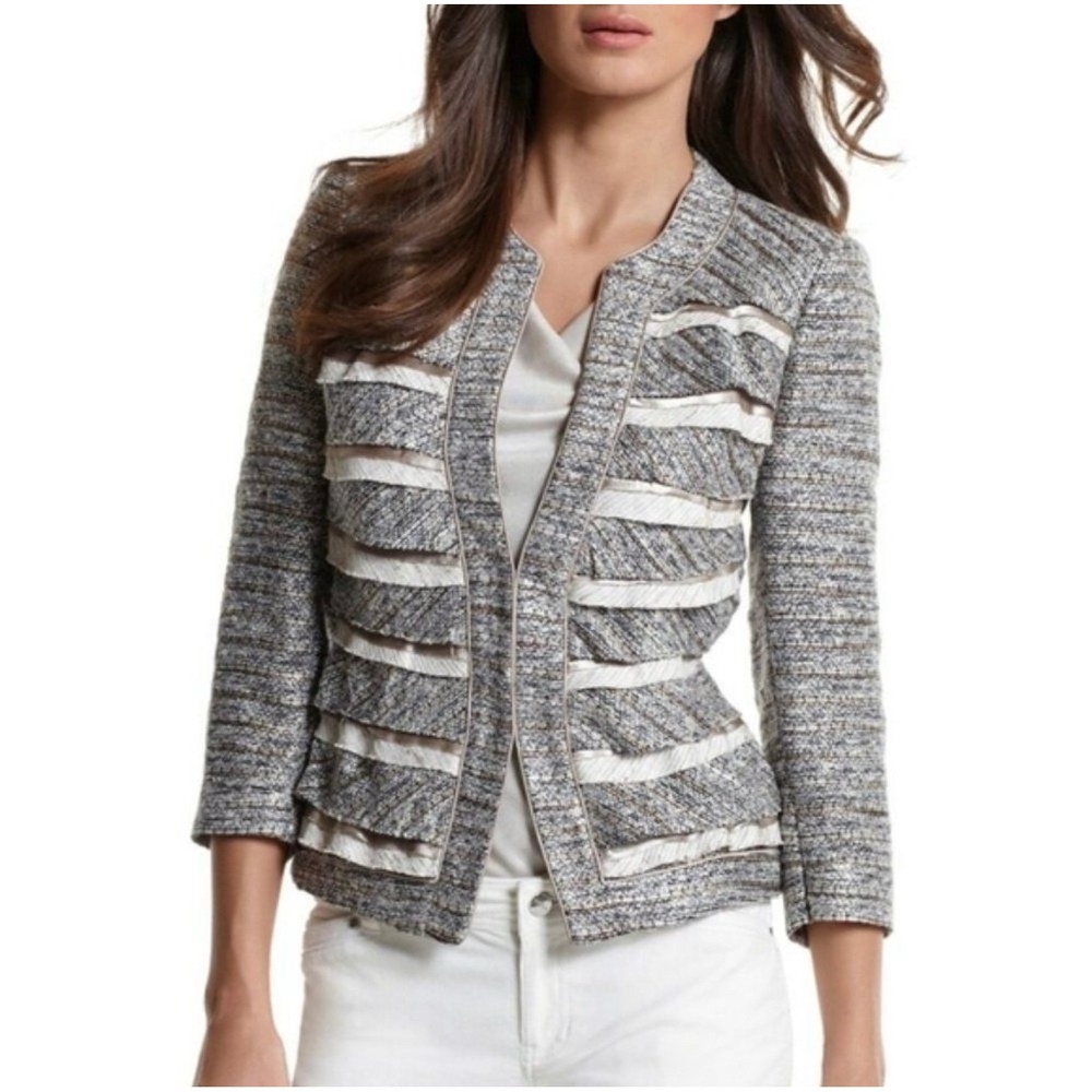 WHITE HOUSE BLACK MARKET Beige Metallic Gold Grey Cream Tweed Fringe Blazer | 6